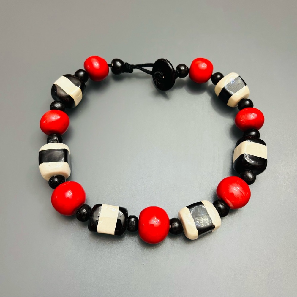 Handmade Ceramic Necklace Chunky Choker Statement VNTG Black Red White marked TK